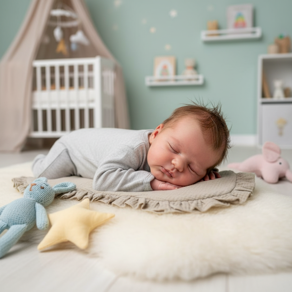 Bilde av baby som ligger oppå en gulpeklut med vanntett underside – unngå søl