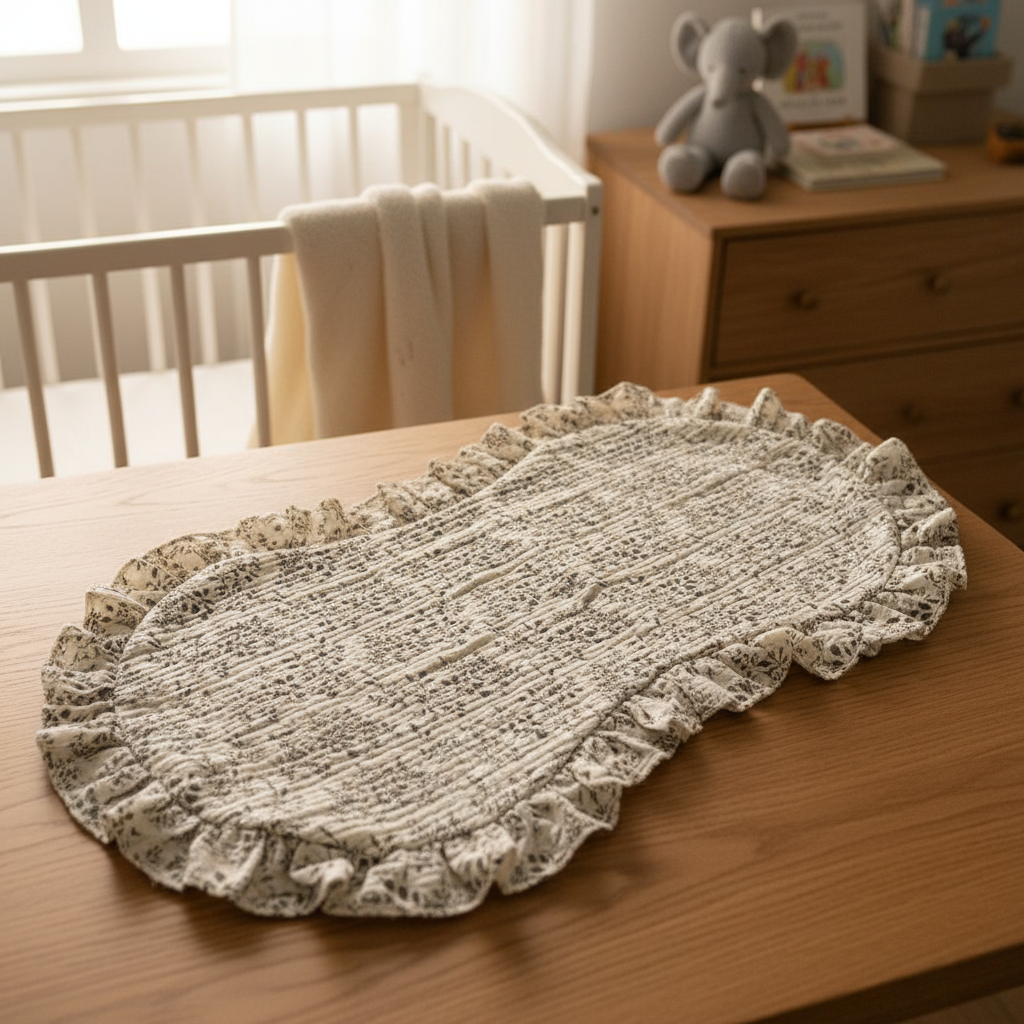 Bilde av mønstret gulpeklut med vanntett underside – unngå søl